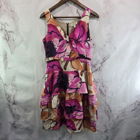 Anthropologie Dress Womens 4 Small Pink Orange Silk Watercolor Soeurs Orchid - Picture 1 of 11